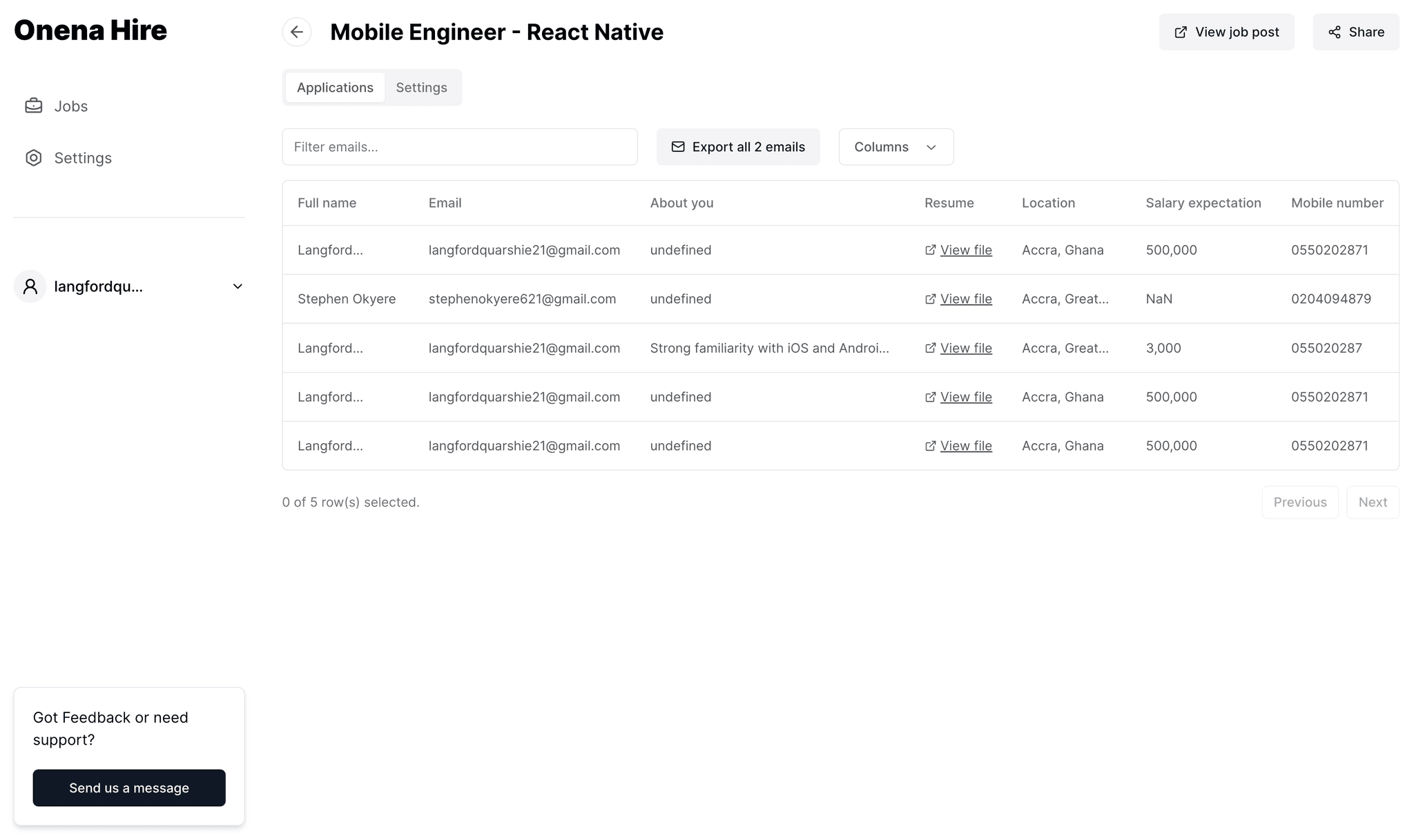 screenshot of applications table