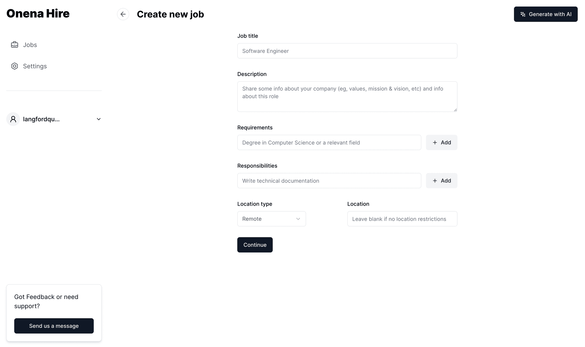 screenshot of page to enter job post details