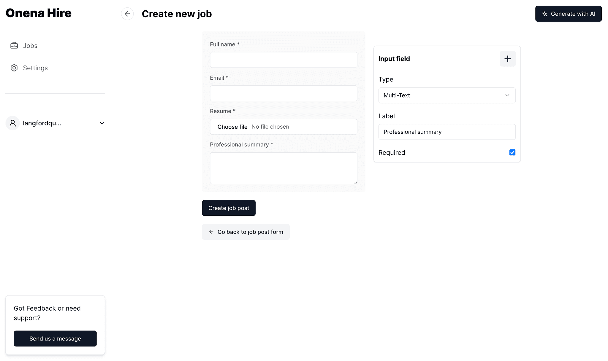 screenshot of application form builder page